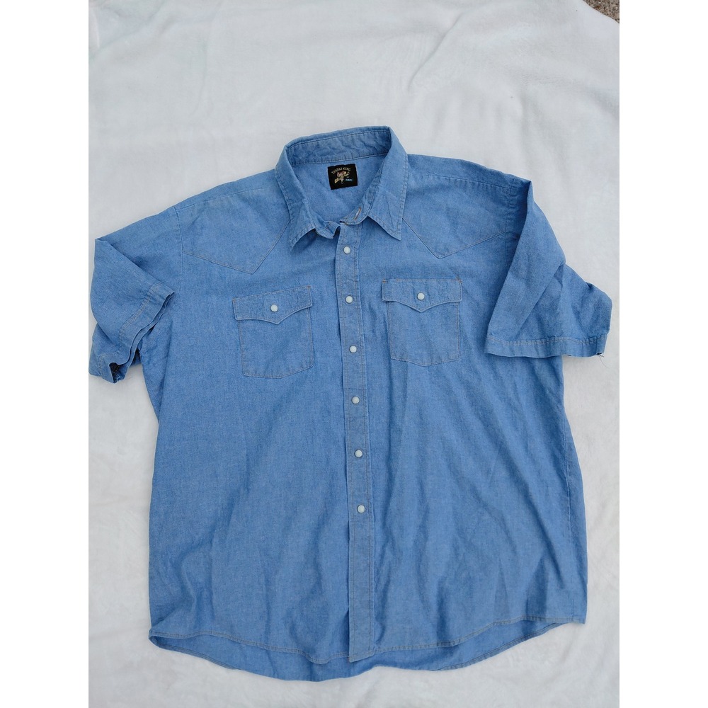 Saddle King Western by Key Blue Chambray Denim Short Sleeve Snap Shirt Mens L